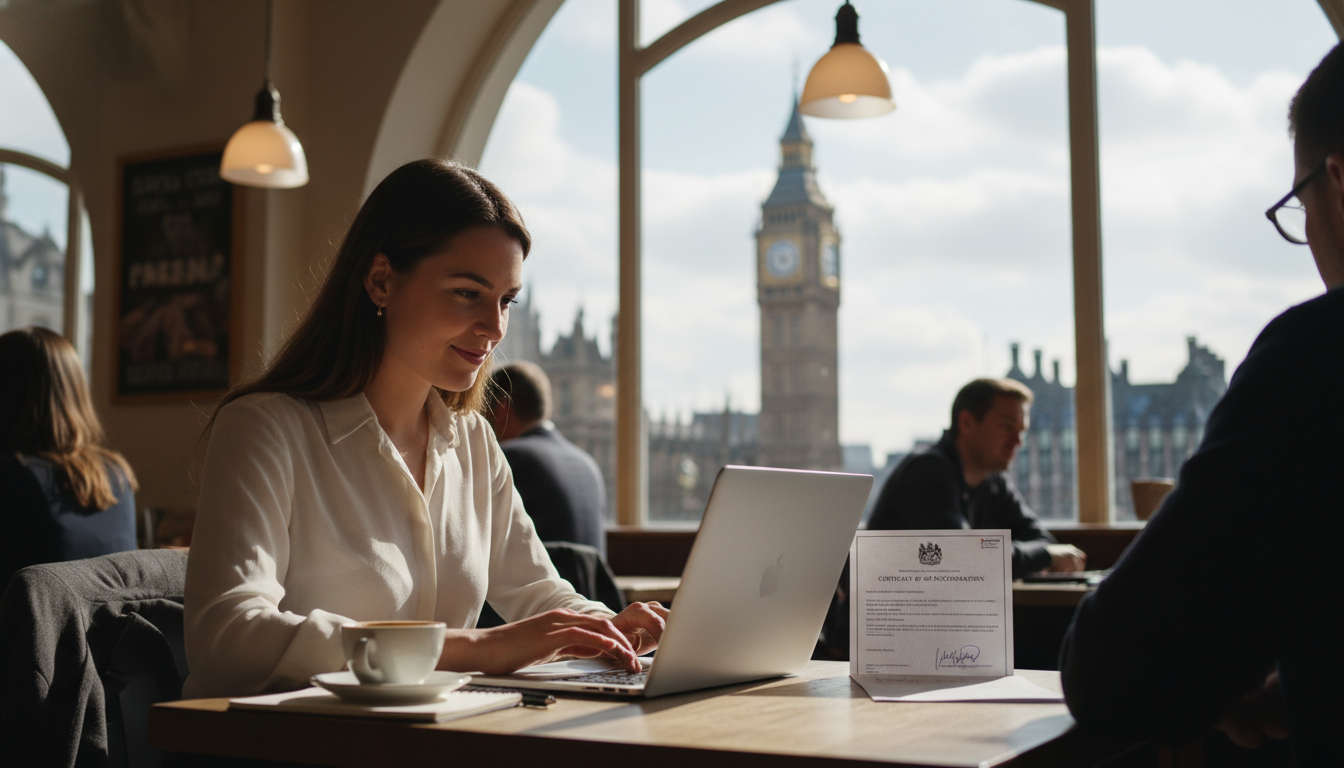 A detailed, photorealistic image of an entrepreneur working on a laptop at a bright cafe in London, with a view of the Big Ben in the background and a Certificate of Incorporation document visible on the table.
