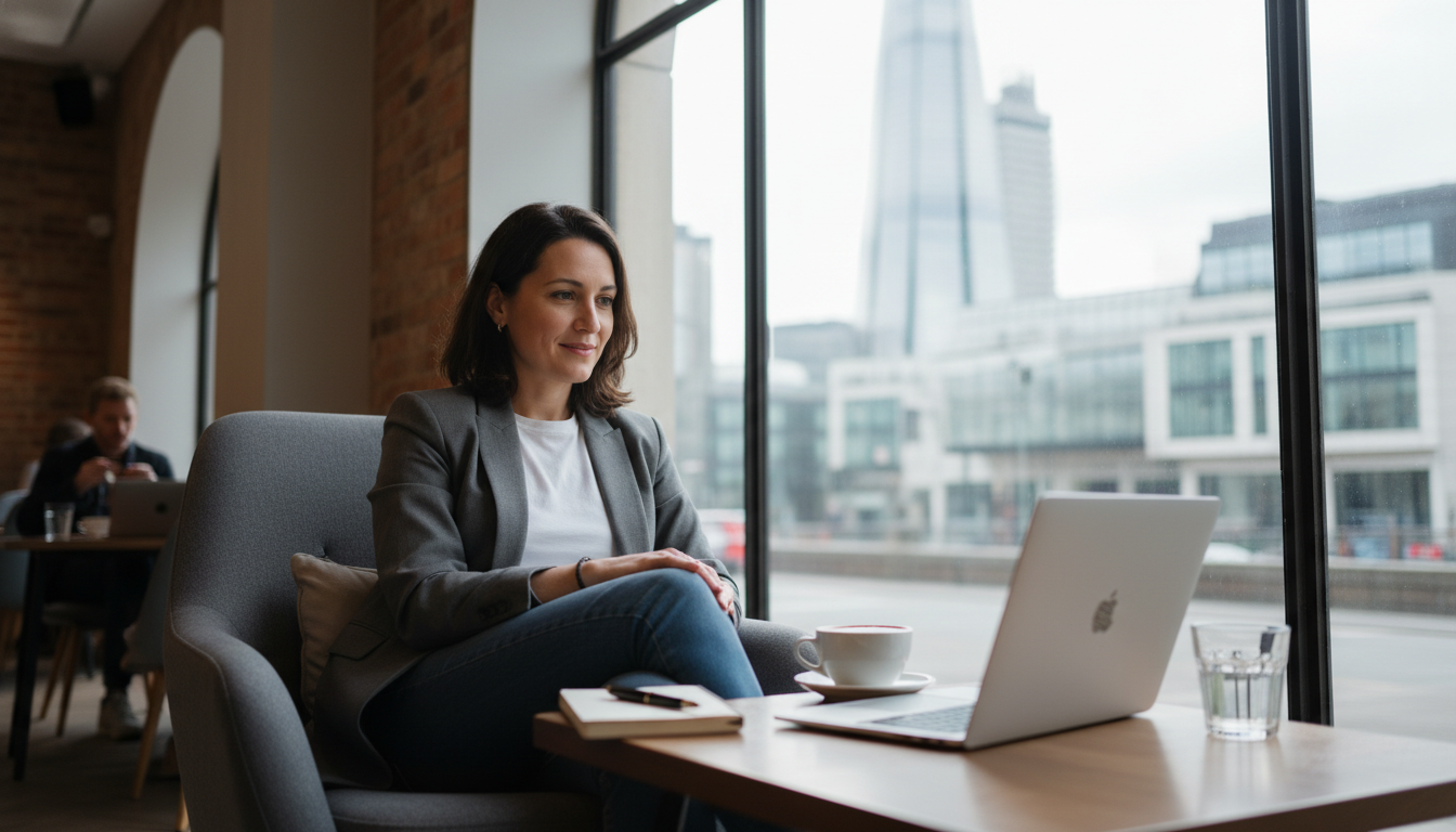A professional yet casual photo of an expat entrepreneur sitting in a bright, modern London coffee shop with a laptop, a notebook, and a view of the Shard through the window, captured in a photorealistic style with soft natural lighting.