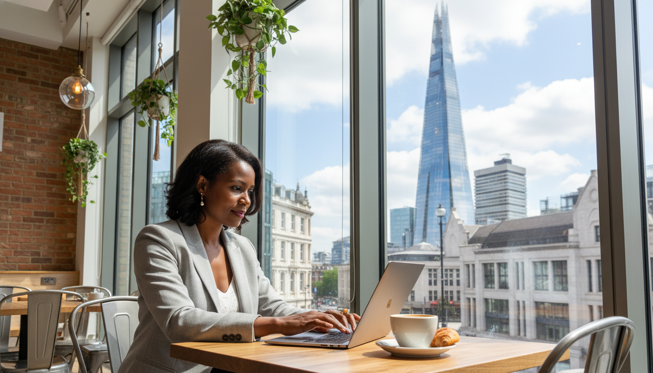 A professional and diverse expat entrepreneur sitting in a stylish London cafe with a view of the Shard in the background, working on a sleek laptop with a cup of coffee nearby, bright and modern aesthetic, photorealistic style.