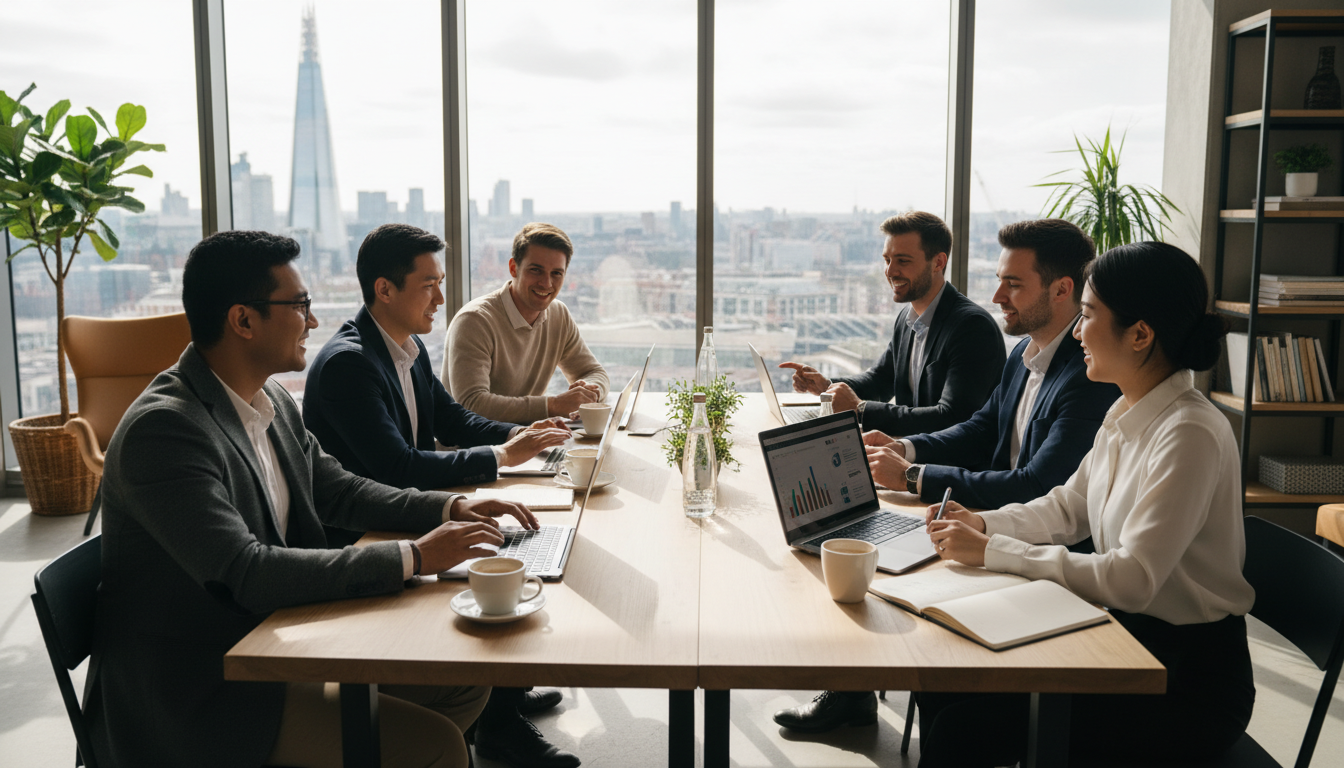 A diverse group of young entrepreneurs sitting in a bright, modern London co-working space with large windows, coffee cups, and laptops, captured in a photorealistic style with natural sunlight.