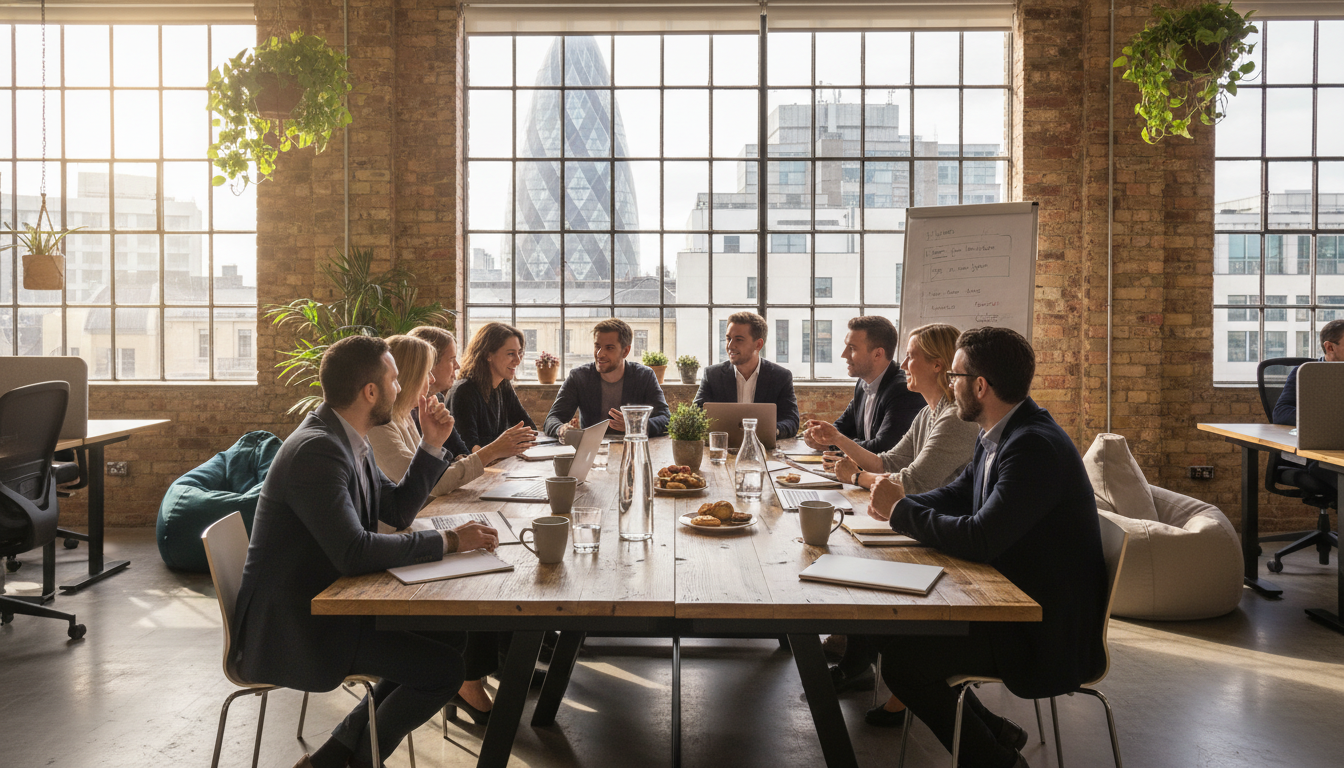 A detailed, photorealistic wide shot of a modern co-working space in London. Natural light streams through large industrial windows, showing a glimpse of the London skyline with the Gherkin building. A diverse group of entrepreneurs is engaged in a casual meeting with laptops and coffee on a reclaimed wood table.