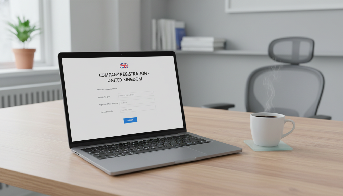 A high-quality, photorealistic image of a sleek laptop on a wooden desk in a bright, modern home office. On the screen, a website shows a 'Company Registration' form for the United Kingdom, with a small British flag and a cup of coffee nearby. The atmosphere is productive and professional.