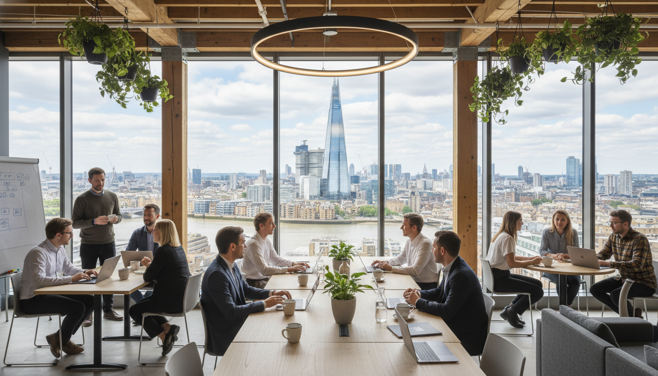 A photorealistic, high-resolution shot of a modern co-working space in London with a view of the Shard in the distance, featuring diverse entrepreneurs collaborating over laptops and coffee in a bright, airy environment.