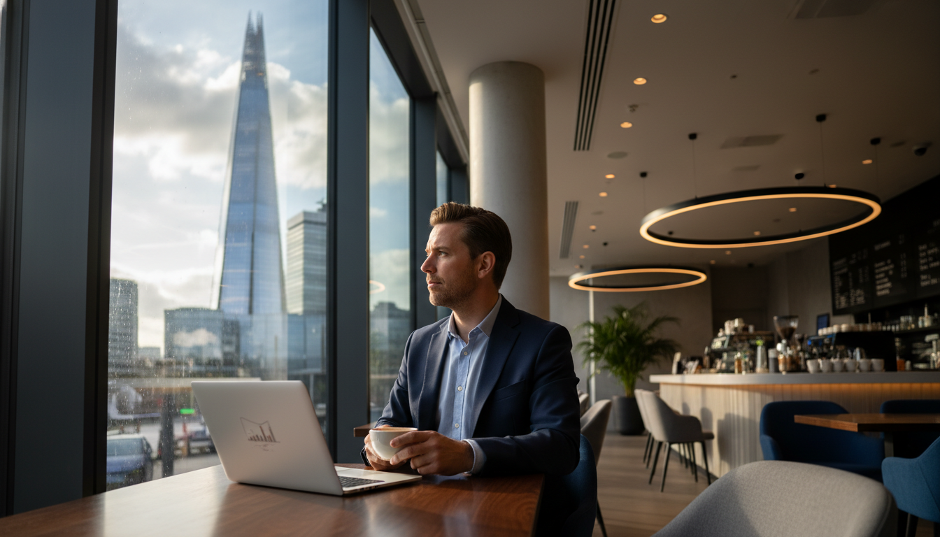 A professional expat entrepreneur sitting in a modern London cafe with a laptop, looking out at the Shard through a large glass window, photorealistic, cinematic lighting, 8k resolution.