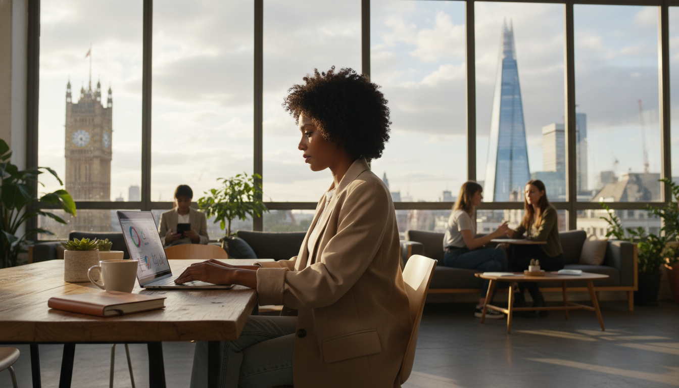 A diverse young entrepreneur sitting in a bright, modern London co-working space, using a high-end laptop with a view of the Shard and Big Ben visible through the window, high quality, photorealistic, cinematic lighting.