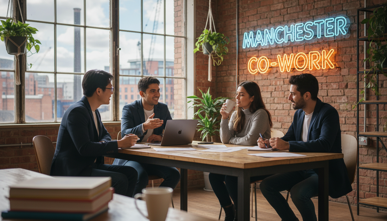 A diverse group of young entrepreneurs having a casual business meeting in a modern, sunlit co-working space in Manchester, with brick walls and large windows, highly detailed, photorealistic, 8k resolution.